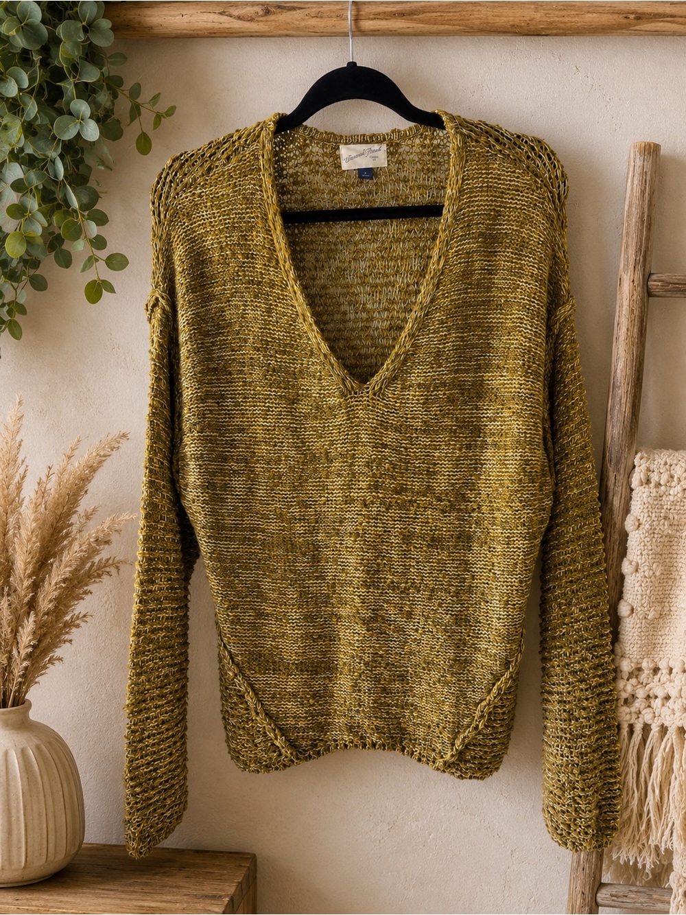 Universal Thread 100% Cotton Open Knit Sweater Medium Olive Mustard Boho V Neck